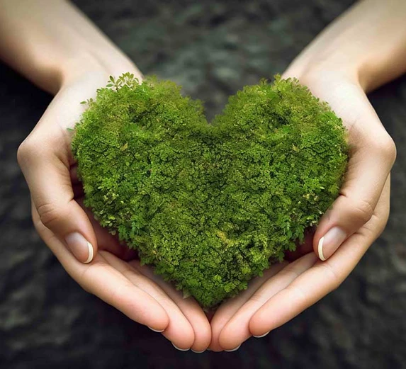 Hands gently holding a heart shape made of green moss, symbolizing care for nature, sustainability, and environmental connection.