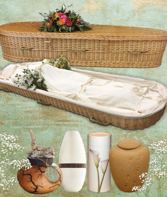 Wicker burial casket with natural fabric lining and flowers, shown alongside biodegradable urn options made from natural materials.